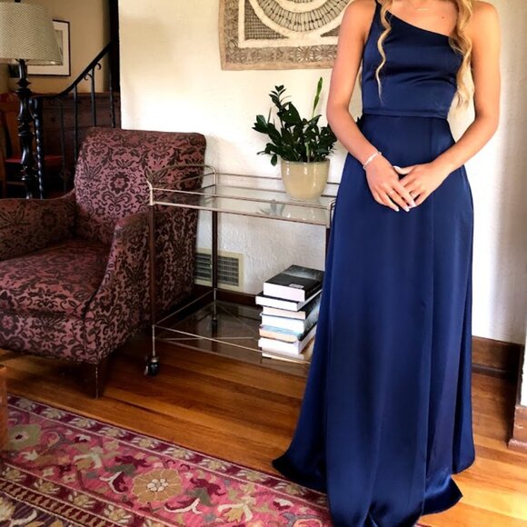 Celebrate/ Davids Bridal Navy Formal Long Dress with One Strap, size 2 - Picture 1 of 6